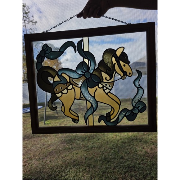 VTG Painted Glass Carousel Horses Window Panel Wood Frame 22"x18" Hanging Art - Picture 3 of 11